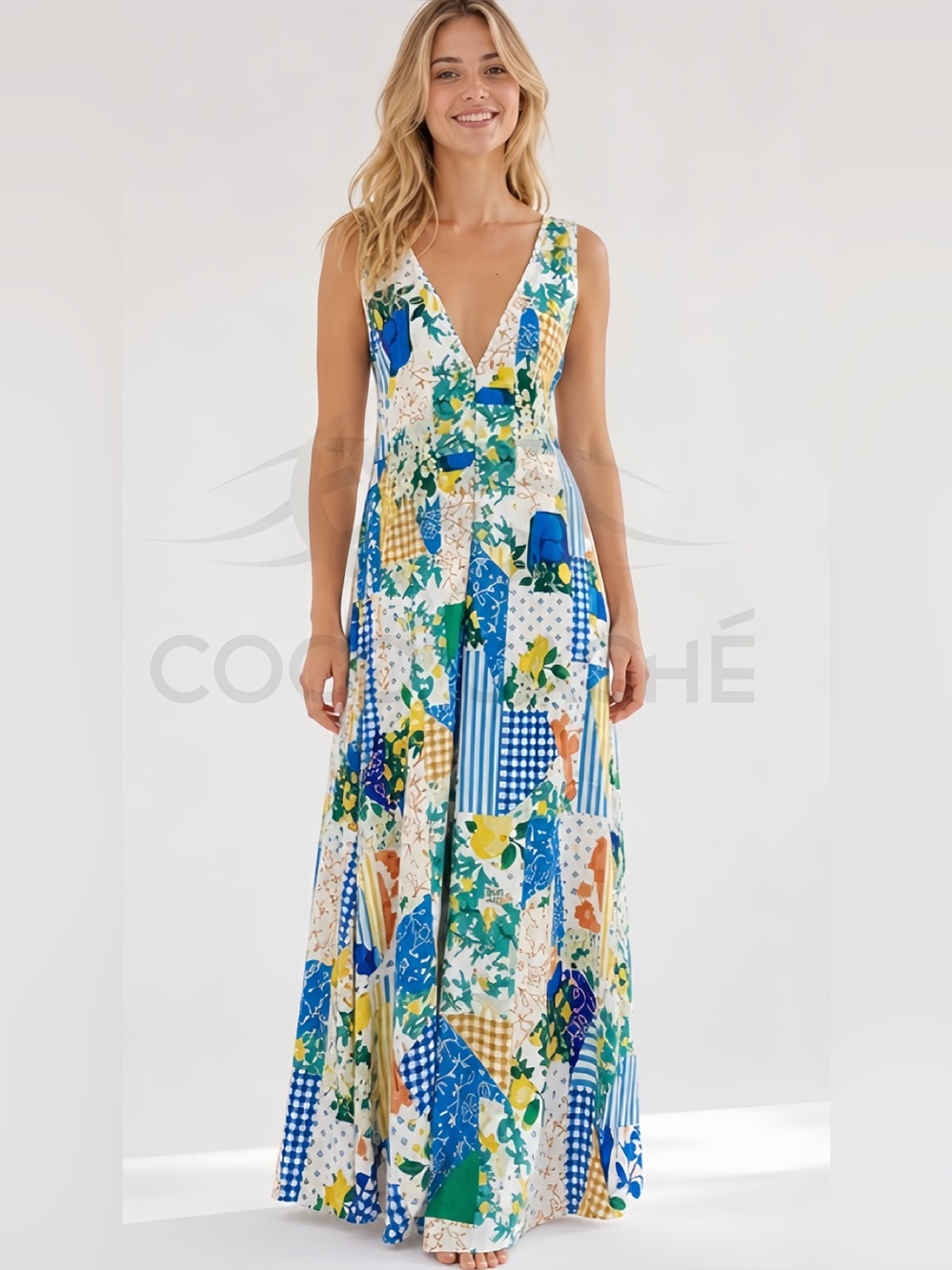Classy Bohemian Lemon Patchwork Linen Blend Maxi Dress